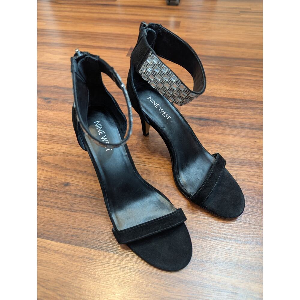 Nine West Leather Crystal Ankle Strap Heels Size 6 Black Open Toe Stiletto